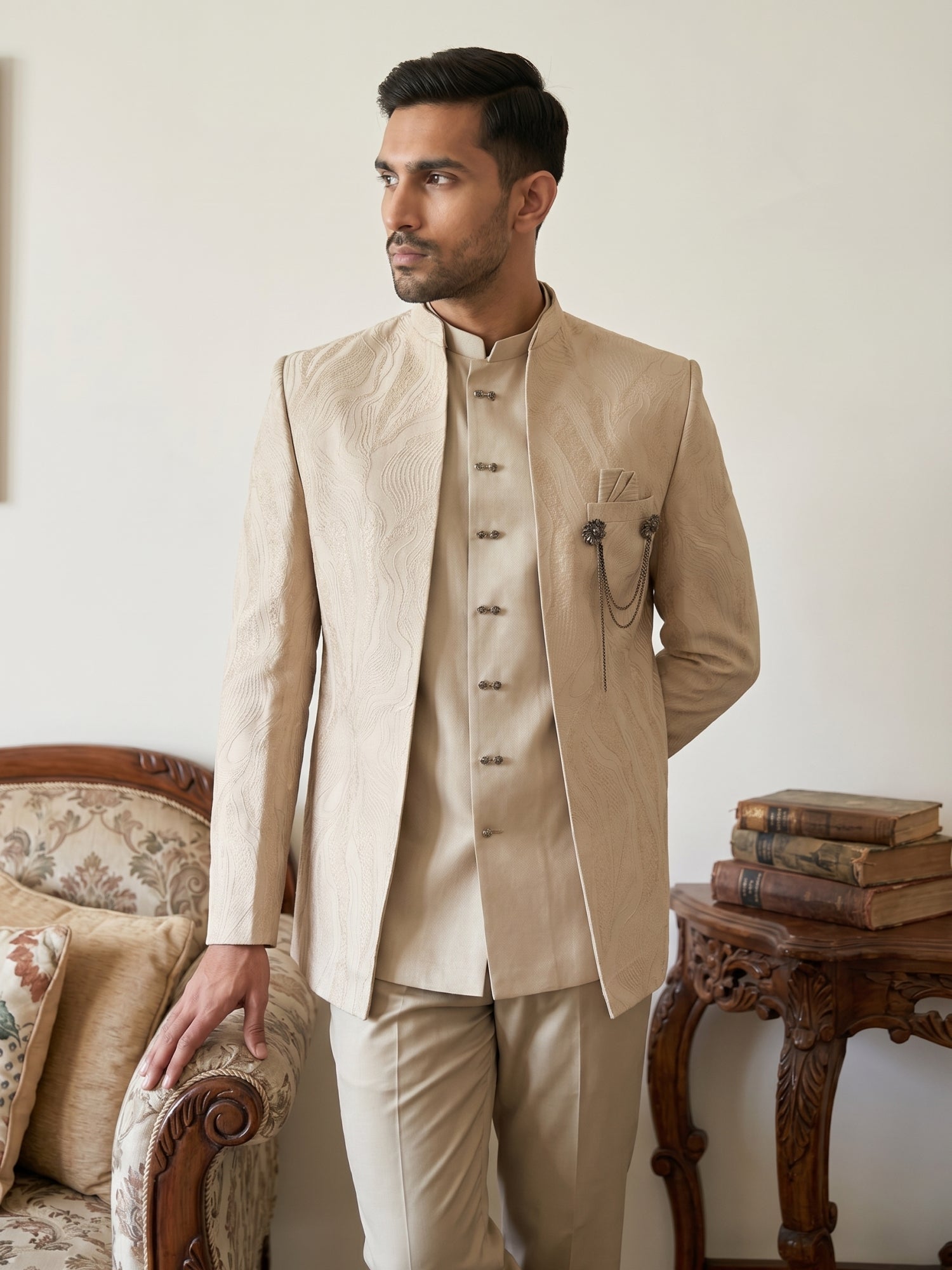 DesiQlo Men Embroidered Indo Western Set - Beige - 50JIND_218Beige_S