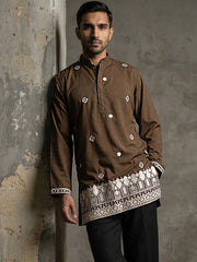 Men's Japanese Fabric Embroidered Kurta ( 65KO 5594Brown ) [FF] [G-4]