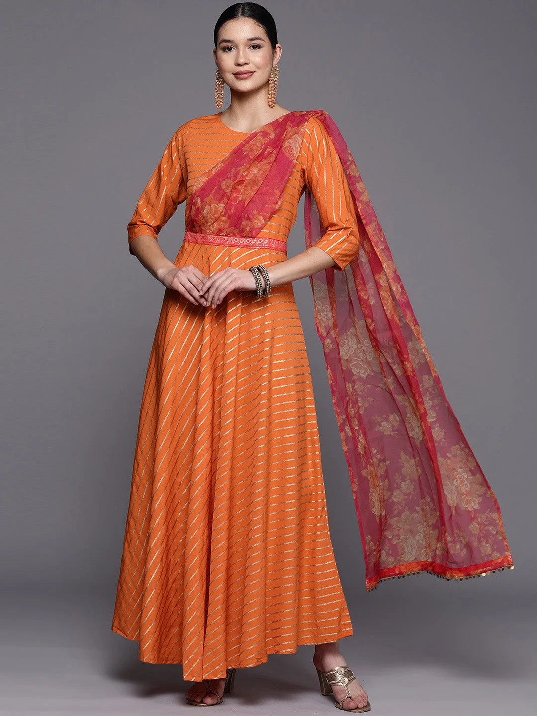 Orange Gold Print Dress | Indian Cotton Dresses Online Now