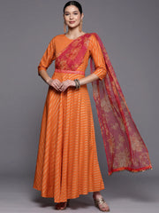 Orange Crepe Gold Print Dress-AHDRCRFP-958