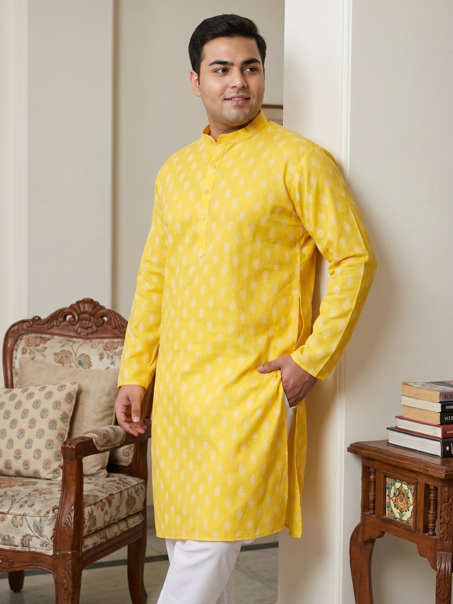 DesiQlo Men Printed Kurta Pyjama Set - Yellow - JOKP_650Lemon_3XL