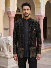 Men's Velvet Embroidered Indo-Western Set ( 50JIND 217Black )