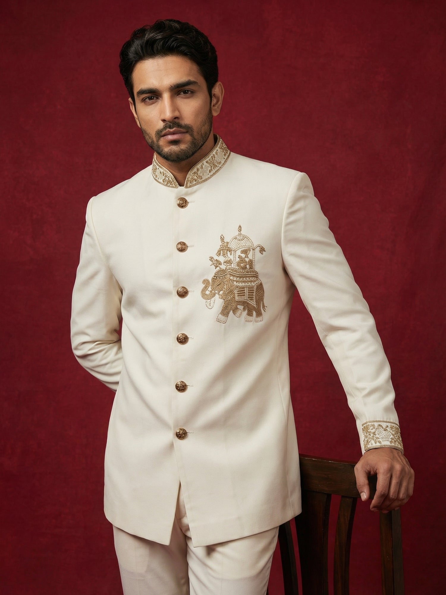DesiQlo Men Embroidered Indo Western Set - White - 50JIND_156White_S