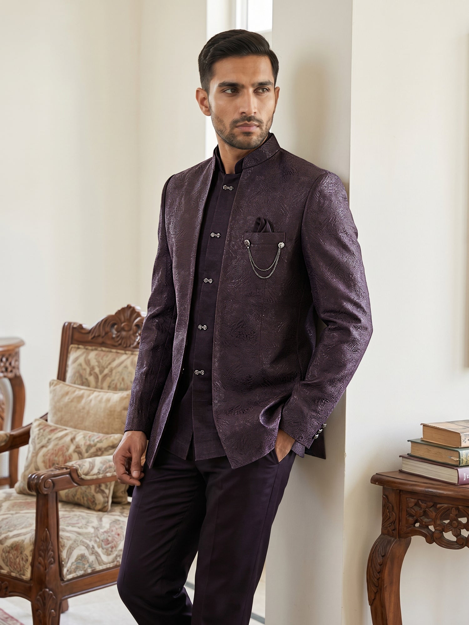 DesiQlo Men Self Design Indo Western Set - Purple