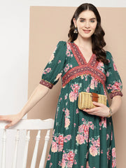 Green Floral Printed Empire Ethnic Dress-AHEDCRDP-204-ICH
