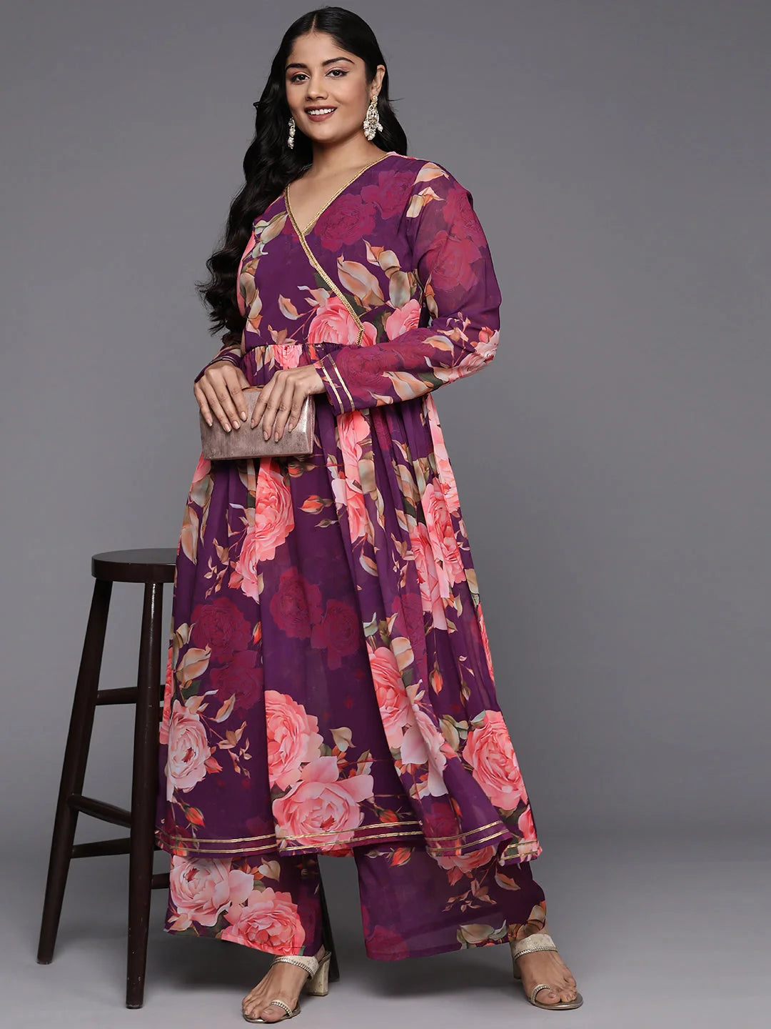 Plus Size Floral Printed Angrakha Zari Kurta with Palazzos-AP-AHKUPT-COMBO-892