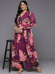 Plus Size Floral Printed Angrakha Zari Kurta with Palazzos-AP-AHKUPT-COMBO-892