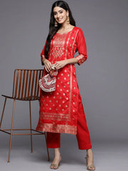 Red Woven Design Kurta with Trousers-AHKUPN-COMBO-563-SW-JCQ