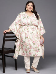 Off White Plus Size Floral Printed Kaftan Kurta-AP-AHKFCRDP-6062