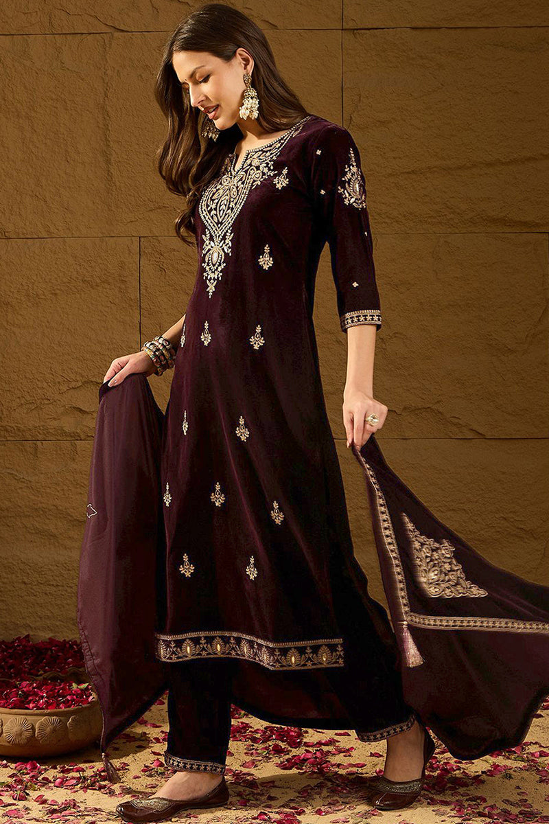 Purple Velvet Solid Embroidered Straight Trousers Suit Set PKSKD2254 |