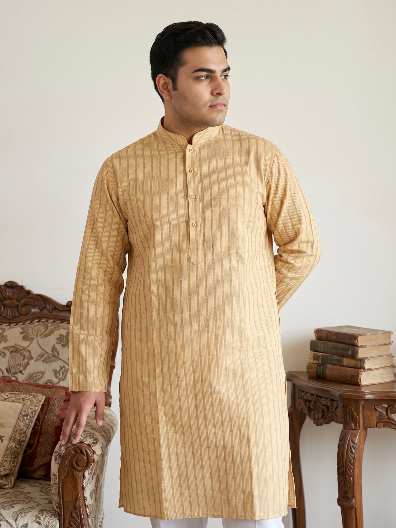 DesiQlo Men Striped Kurta Only - Beige