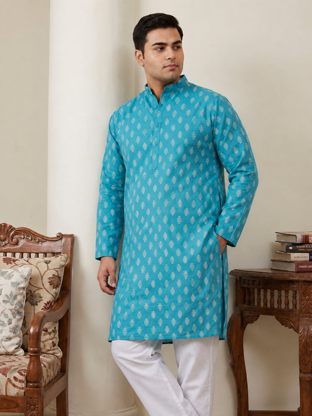 Floral Printed Kurta with Pyjama for Men ( JOKP 650Teal  )