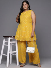 Mustard Yellow Printed Plus Size Kurti with Palazzos-AP-AHTUPZ-COMBO-804