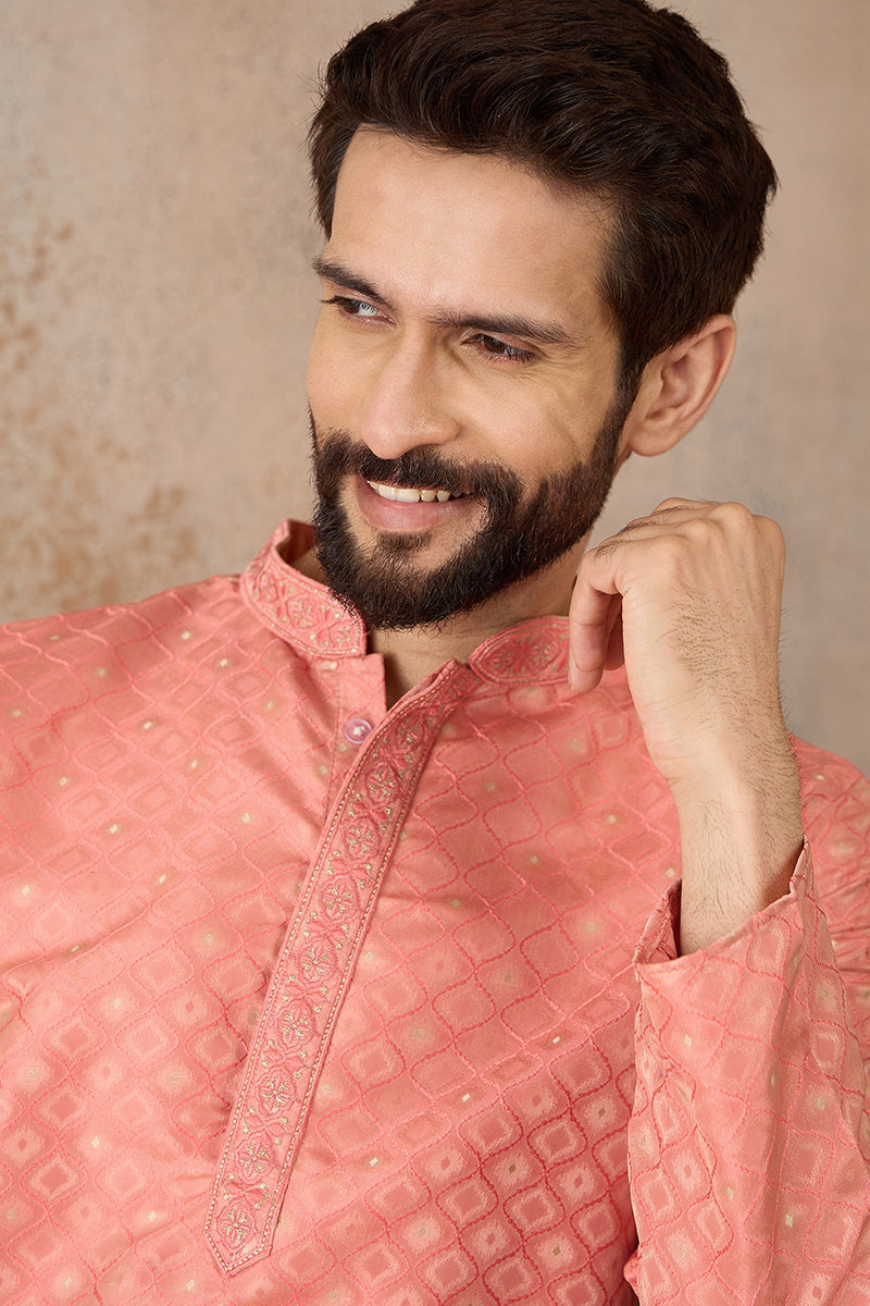Coral Jacquard Ethnic Motifs Embroidered Kurta With Trouser MKSET2491