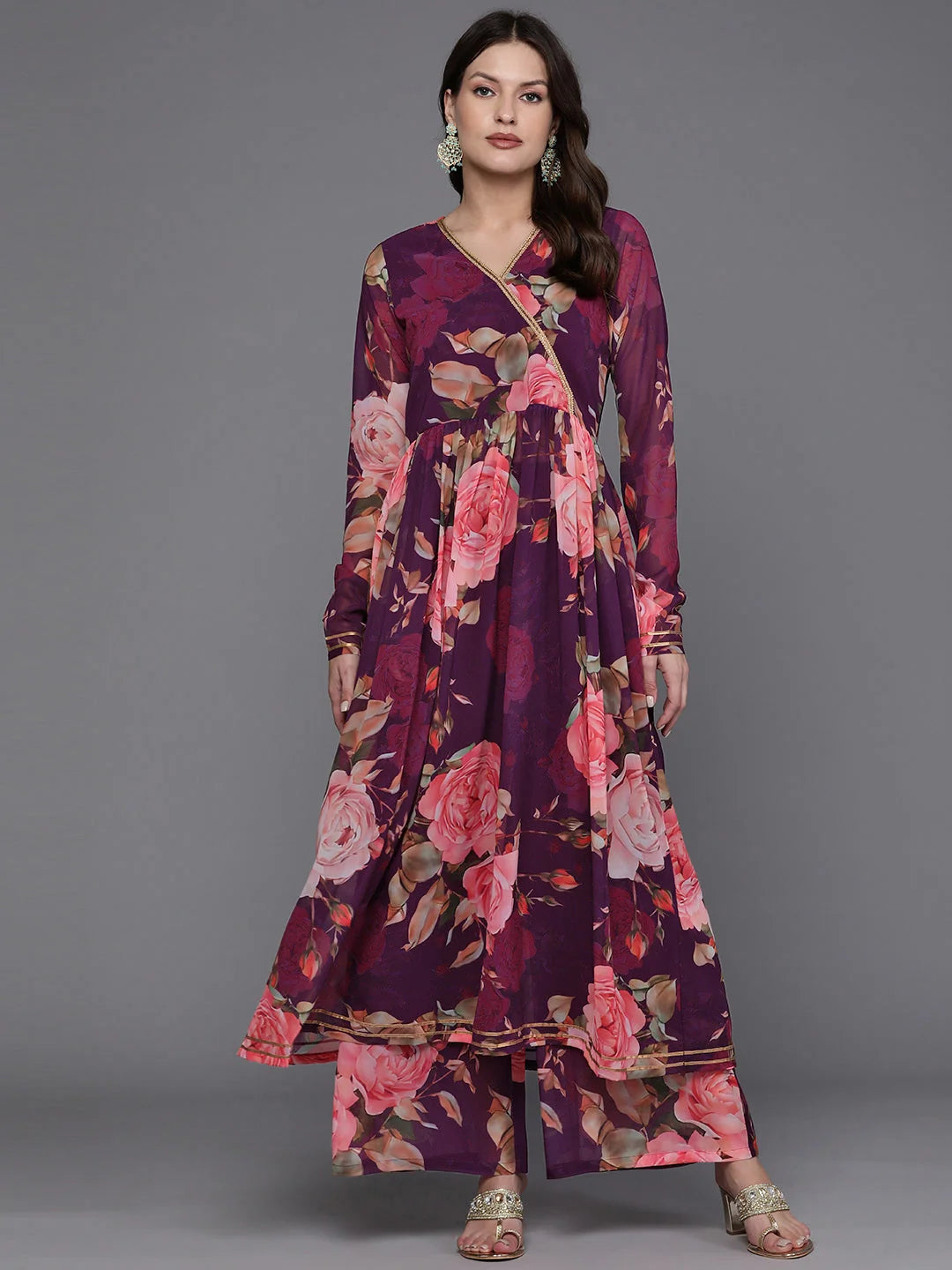 Women's Angrakha Kurta Palazzo Set - Floral Printed Design