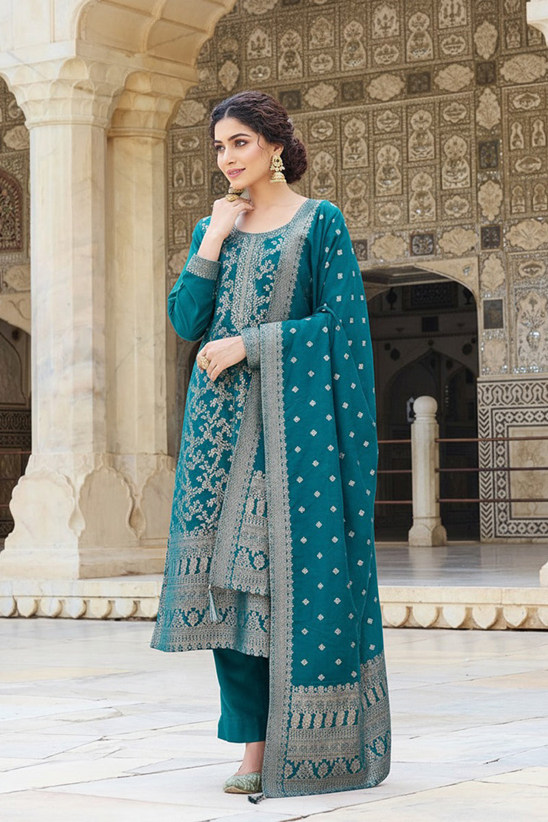 Teal Blue Poly Chanderi Solid Woven Design Straight Trouser Suit Set P
