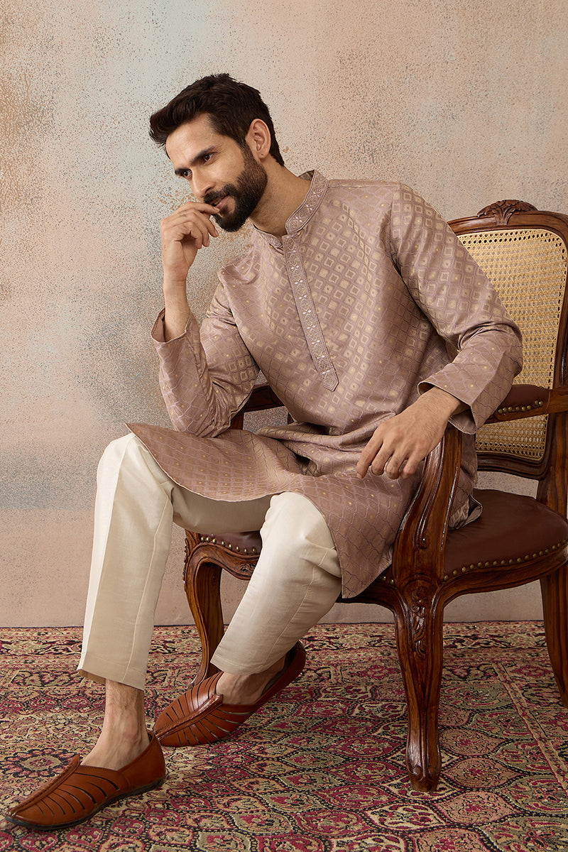 Taupe Jacquard Ethnic Motifs Embroidered Kurta MKU2324