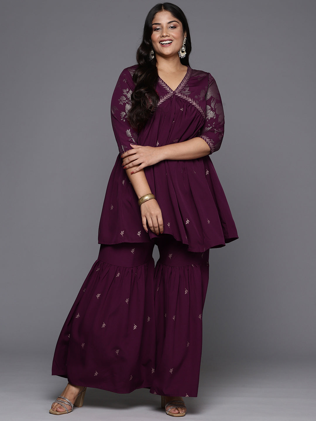 Plus Size Burgundy Sharara Set | Floral Sharara Suits