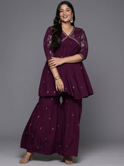 Burgundy & Gold Floral Printed Plus Size Sharara Set-AP-AHTUSH-COMBO-582