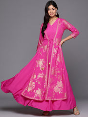 Pink & Gold Floral Print Layered A-Line Maxi Dress-AHEDCRSM-222