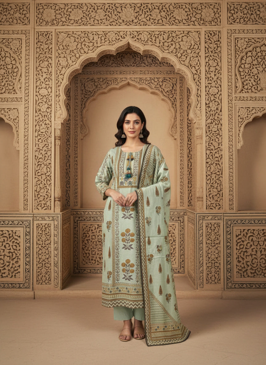 Cotton Blend Kurta Set for Women - Green | MLWSHKS9284OLV