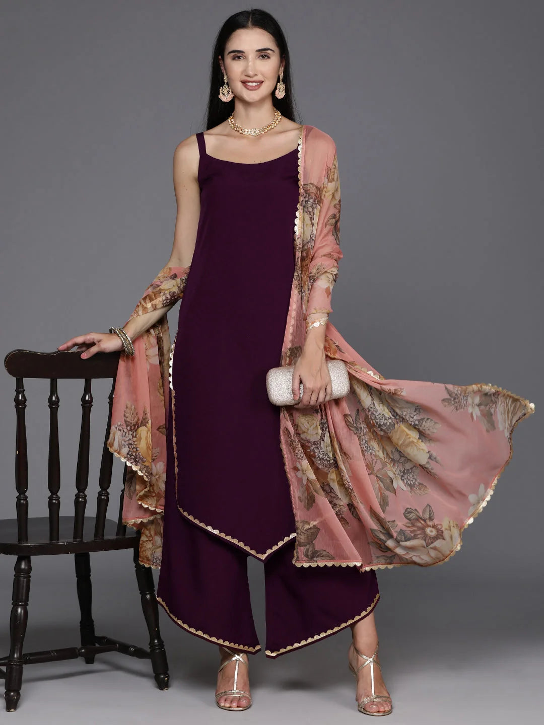 Burgundy Gotta Patti Kurta and Palazzo Set with Dupatta