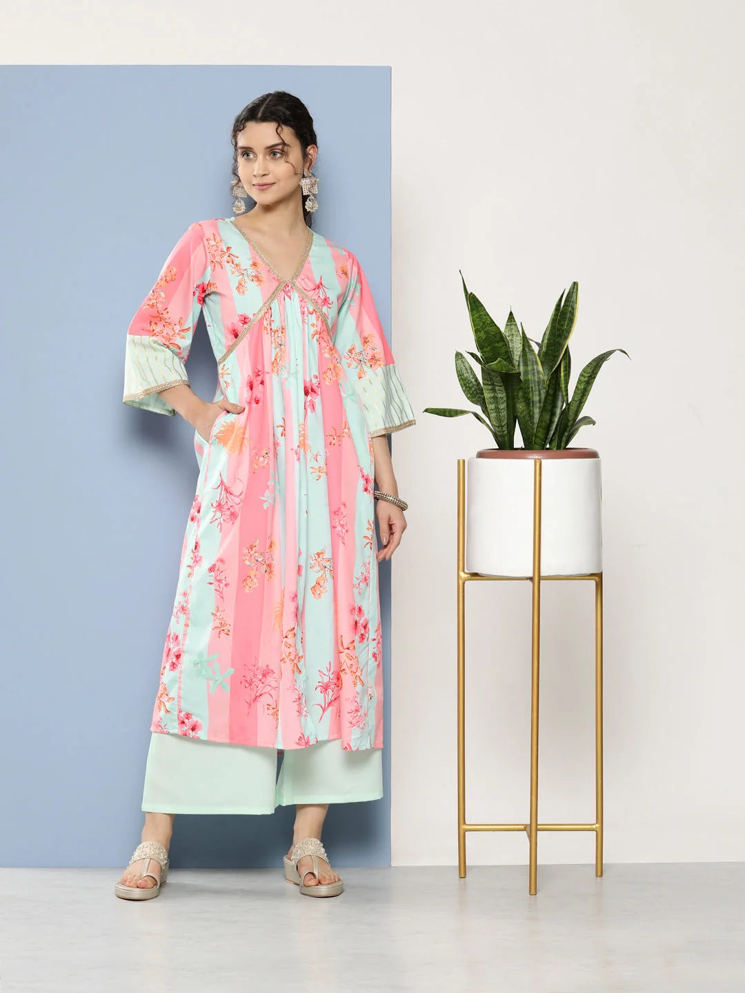 Floral Kurta Palazzo Set - Pink & Blue Gotta Patti | Women's Set