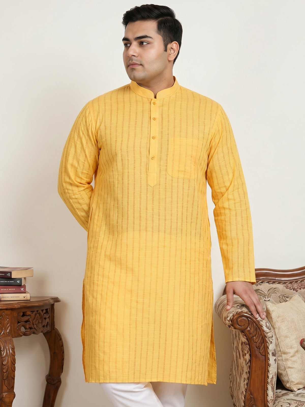 Men's Cotton Striped Kurta ( KO 5207Yellow  )