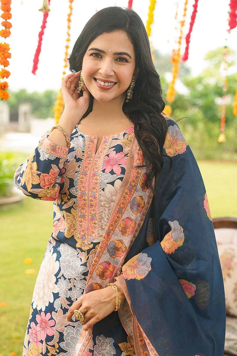 Blue Rayon Blend Floral Printed Straight Kurta Trousers With Dupatta VKSKD2415