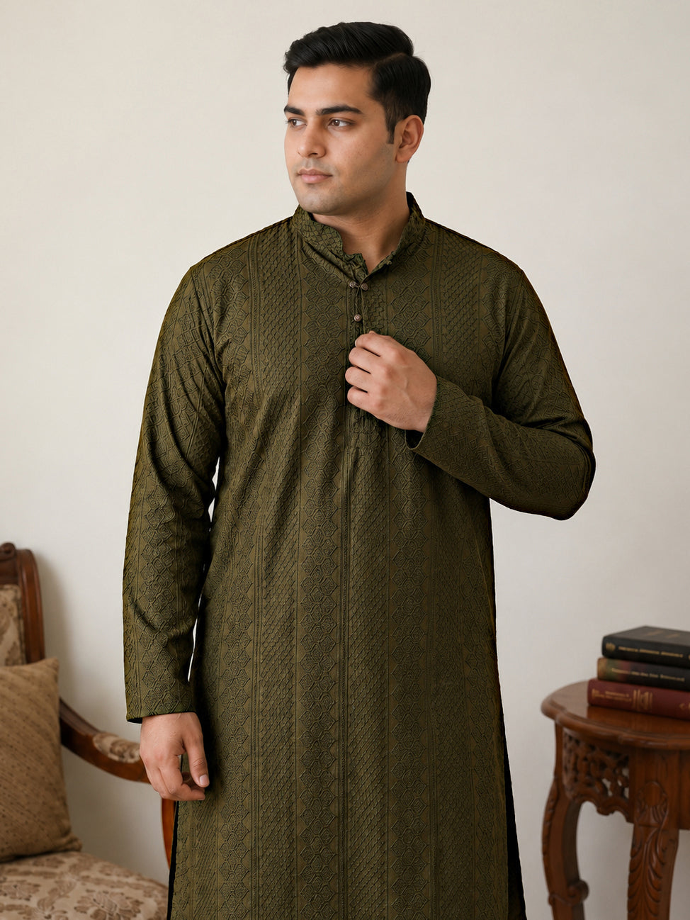 Embroidered Cotton Kurta for Men ( KO 640Olive  )
