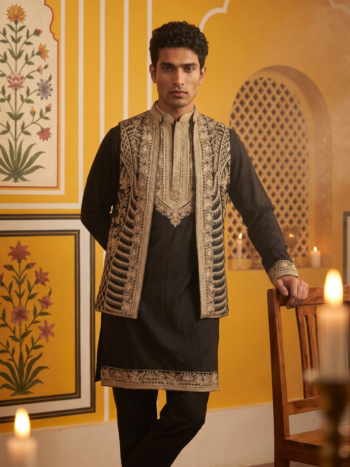 Men's Embroidered Waistcoat and Kurta Pyjama ( JOKPWCS 5054Black )