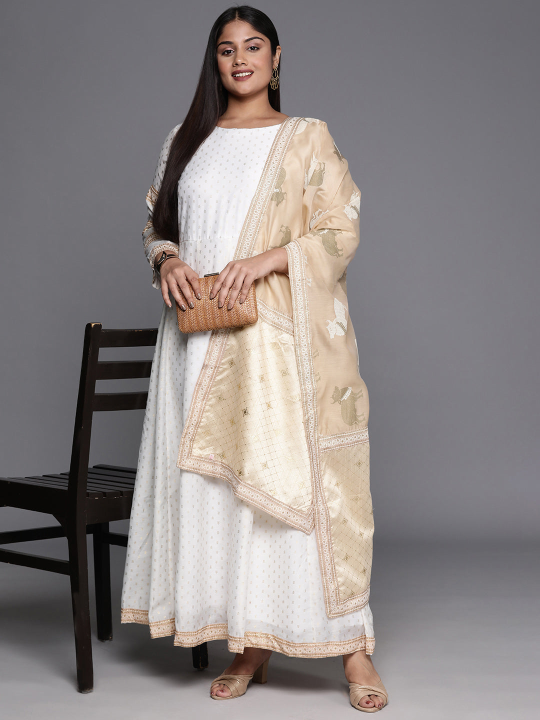Off White & Gold Plus Size Maxi Dress | Indian Dresses Online