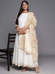 Off White & Gold Printed Plus Size Maxi Ethnic Dress With Dupatta-AP-AHDRDU-COMBO-234