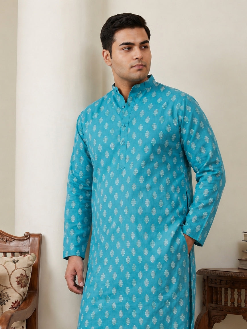 DesiQlo Men Printed Kurta Only - Green - KO_650Teal_3XL