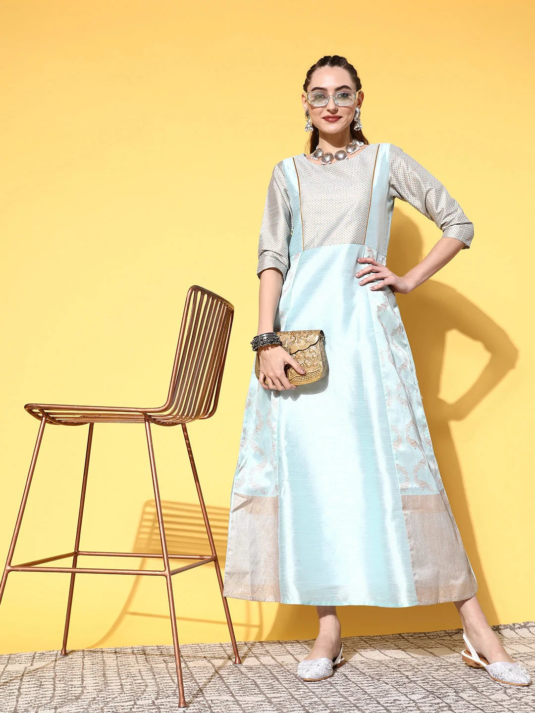 Blue & Gold Printed Dress-AHKUCRFP-755-FF