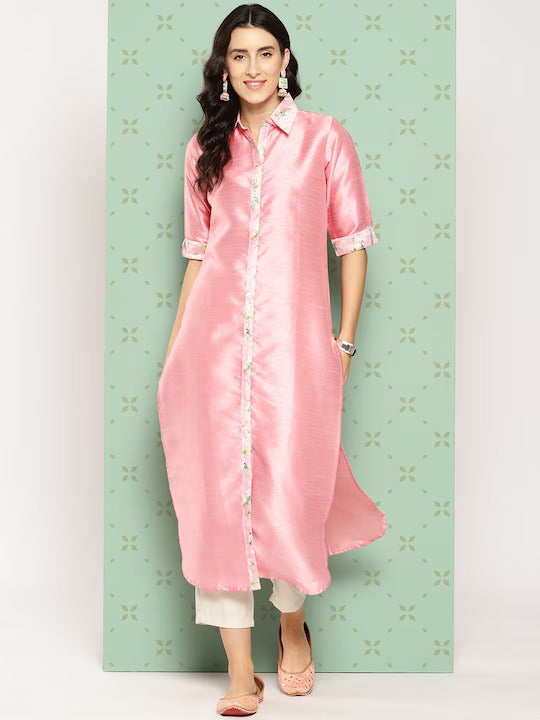 Pink Floral Art Silk Kurta - Modern Indian Kurtis Collection