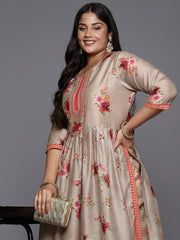 Tan Floral Printed Plus Size Kurta with Trousers-AP-AHKUPN-COMBO-793