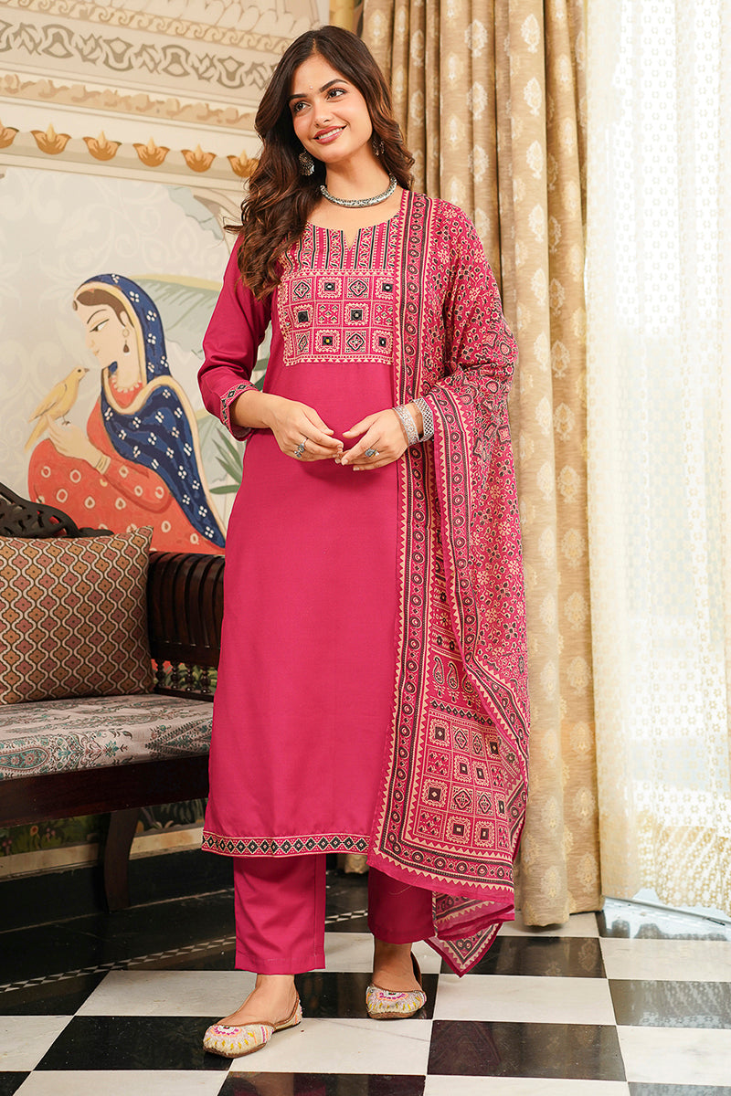 Pink Rayon Blend Ajrakh Printed Straight Kurta Trousers With Dupatta PKSKD3069