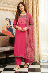 Pink Cotton Blend Ajrakh Printed Straight Kurta Trousers With Dupatta PKSKD3069