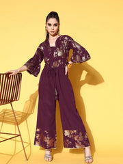 Burgundy & Gold-Toned Printed Ethnic Jumpsuit With Waist Tie-Ups-AHJSCRFP-35