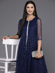 Navy Blue Polka Dot Print Net A-Line Maxi Dress-AHEDNTFP-168