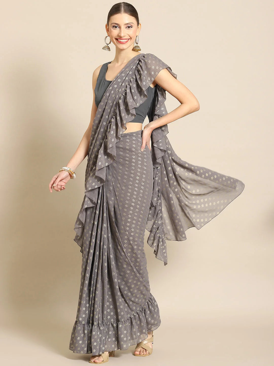 Grey & Gold Ruffle Saree | Designer Sarees India