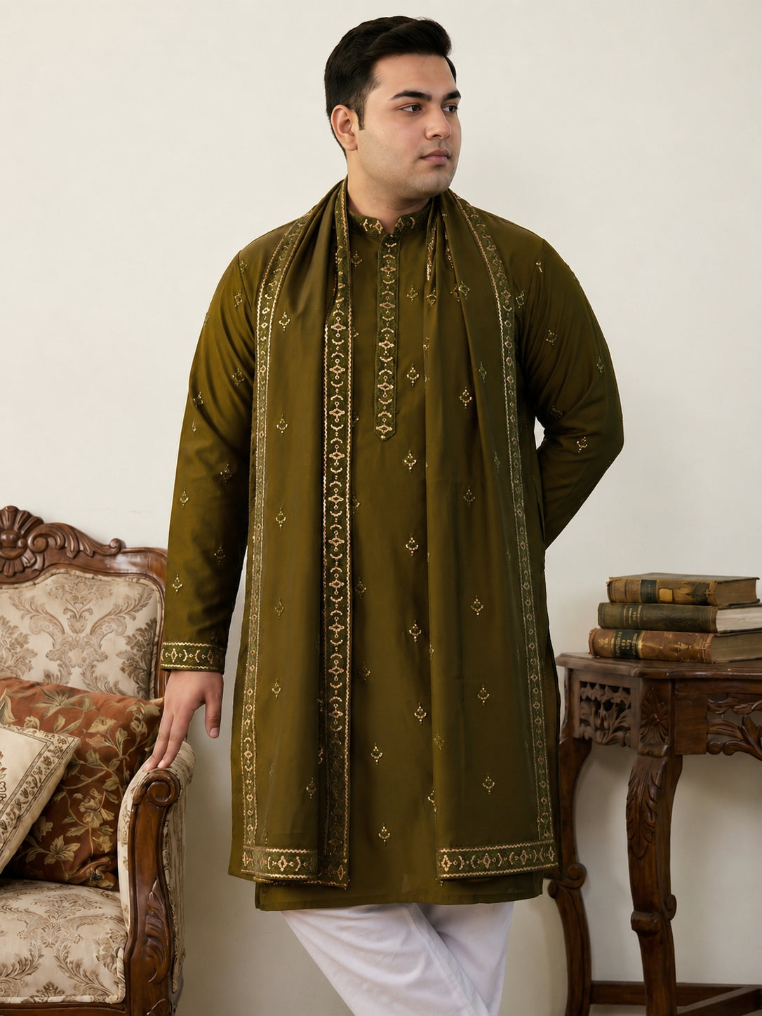 Embroidered & Sequin Kurta Pyjama With Dupatta ( JOKP D 5088Olive  )
