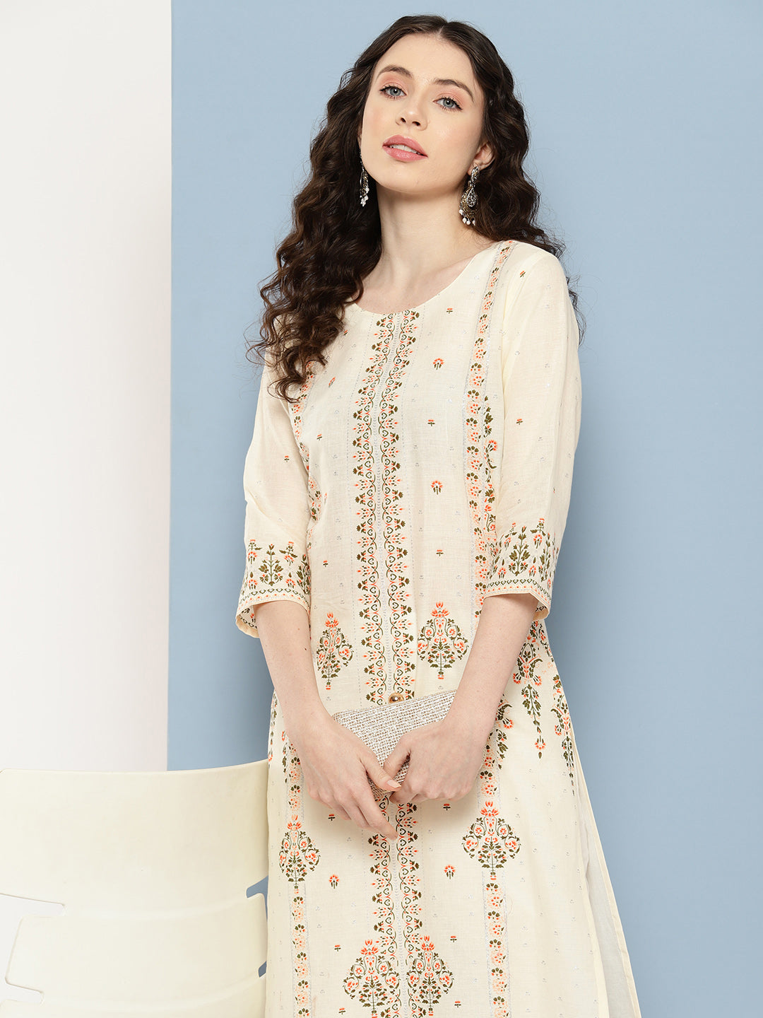 Printed Viscose Kurta - Beige & Maroon Indian Kurta Ladies