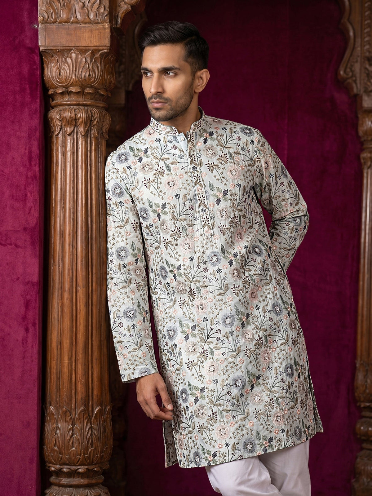 Silk Blend Floral Embroidered Kurta ( KO 5227White )