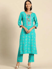 Kurta Pyajama with gota work in Mint Blue Print