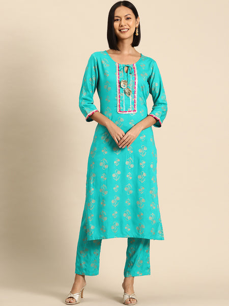 Kurta Pyajama with gota work in Mint Blue Print