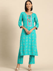 Kurta Pyajama with gota work in Mint Blue Print