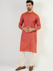 Ethnic Bay Men Orange Cotton Solid Woven Design Straight Kurta With Pant Set-MKSET1094