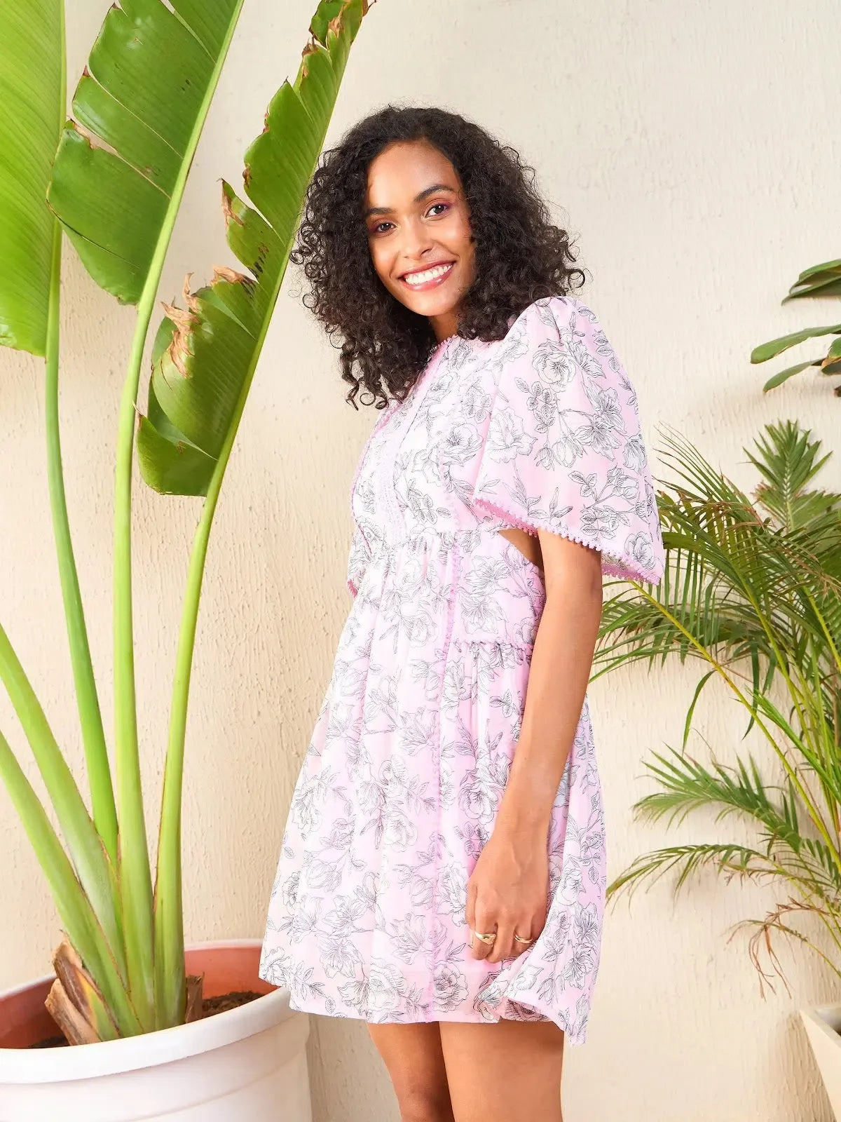 Pink Floral Skater Dress | Women's Printed Polyester Dress